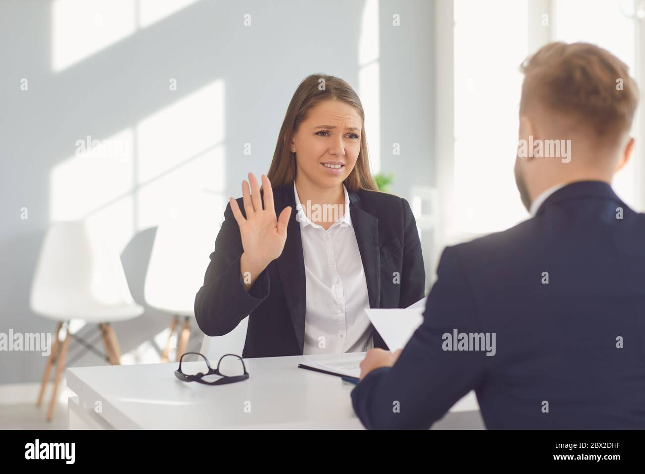 Business people discussing documents in office Stock Photo