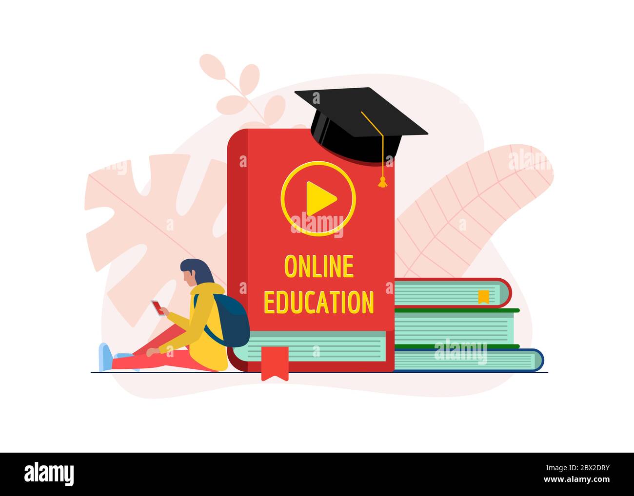 Online education course design concept. Remote e-learning student teenager girl with smartphone and library books stack. Distance studying and internet teaching knowledge flat eps banner Stock Vector