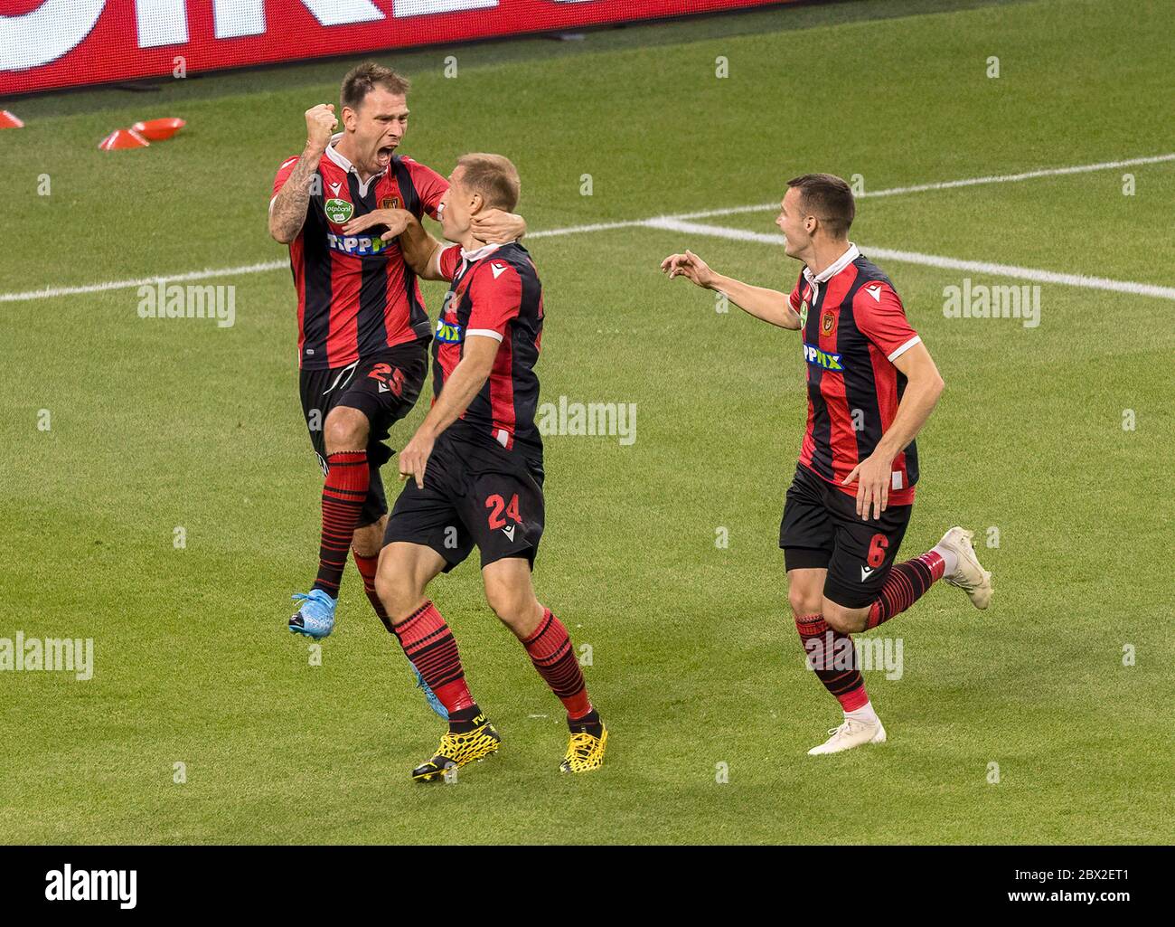 BUDAPEST, HUNGARY - JUNE 3: Ivan Lovric of Budapest Honved celebrates his goal with Djordje Kamber of Budapest Honved and Daniel Gazdag of Budapest Honved during the Hungarian Cup Final match between Budapest Honved and Mezokovesd Zsory FC at Puskas Arena on June 3, 2020 in Budapest, Hungary. Stock Photo