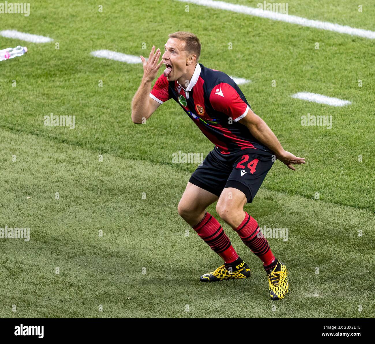 BUDAPEST, HUNGARY - JUNE 3: Djordje Kamber of Budapest Honved celebrates his goal during the Hungarian Cup Final match between Budapest Honved and Mezokovesd Zsory FC at Puskas Arena on June 3, 2020 in Budapest, Hungary. Stock Photo