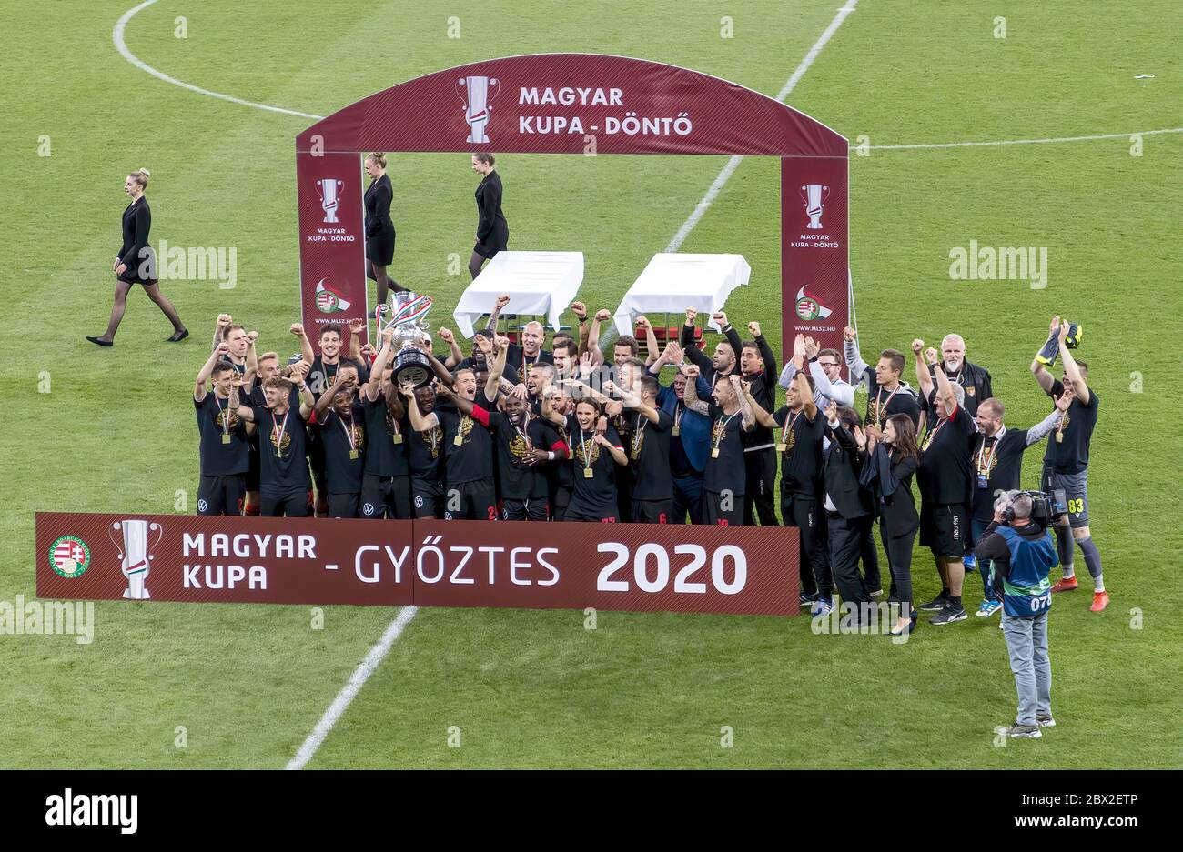 BUDAPEST, HUNGARY - JUNE 3: The cup winner team Budapest Honved celebrate  during the Hungarian Cup Final