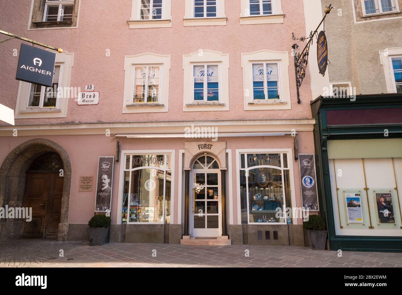 Salzburg, Austria - January 27, 2020: Confectionary shop and cafe Furst in Brodgasse street in the old town. In this building in 1890 Paul Fuerst crea Stock Photo