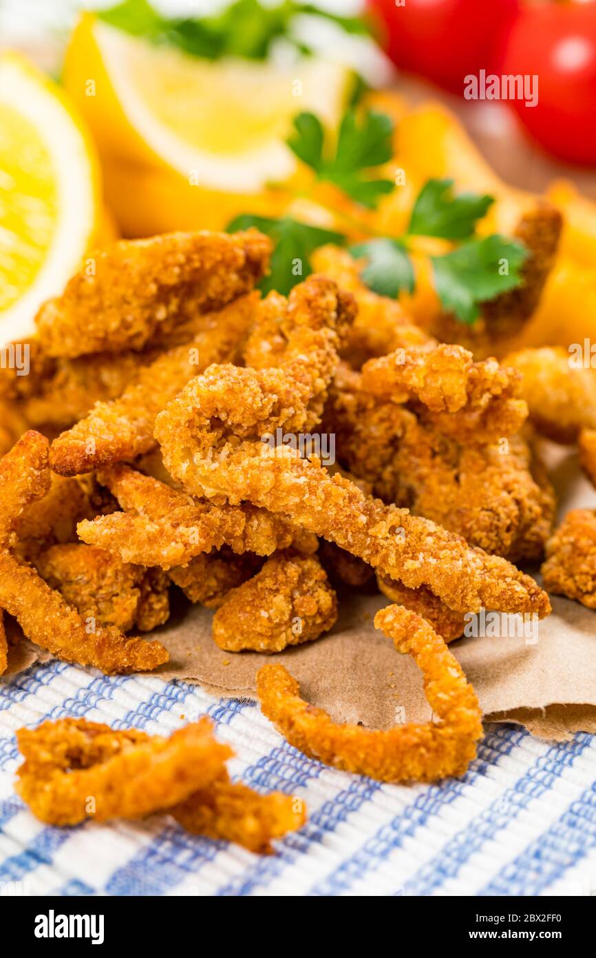Crispy Breaded Clam Strips Snack Size. Deep Fried Breaded Clams Fingers