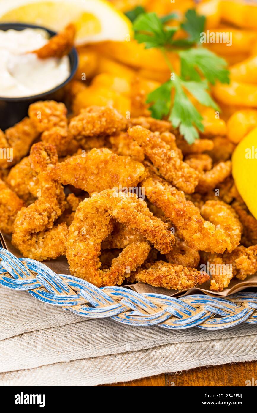 Crispy Breaded Clam Strips Snack Size. Deep Fried Breaded Clams Fingers