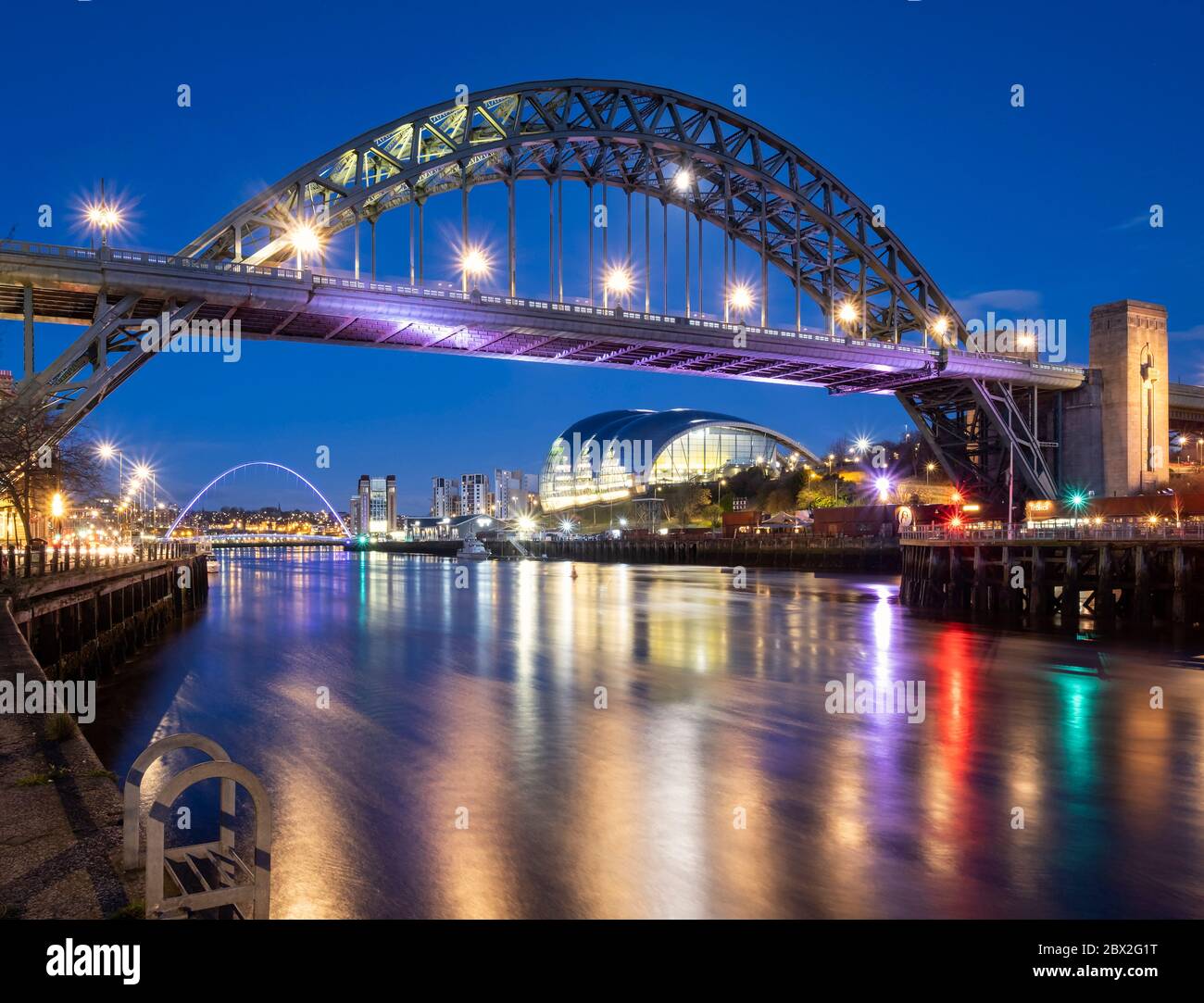 The Tyne Bridge, River Tyne & Sage Centre at night, Newcastle Upon Tyne, Tyne & Wear, England, UK Stock Photo