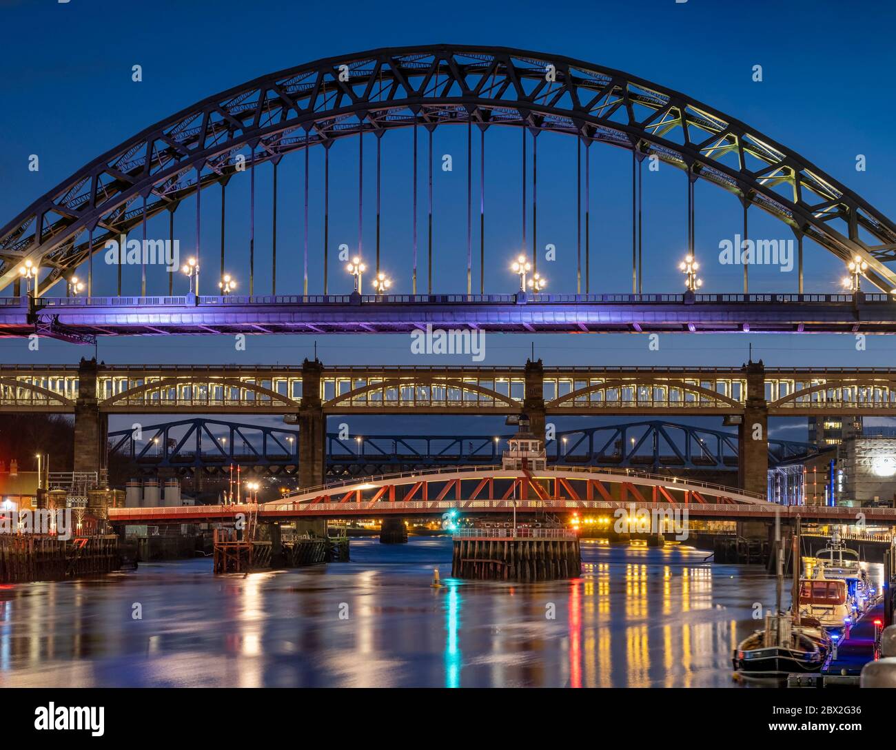 The Tyne Bridge, High Level Bridge and River Tyne at night, Newcastle Upon Tyne, Tyne & Wear, England, UK Stock Photo