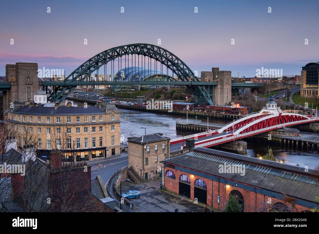Newcastle Swing Bridge, Tyne Bridge and River Tyne, Newcastle Upon Tyne, Tyne & Wear England, UK Stock Photo