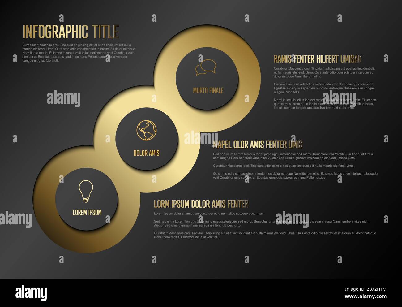 Vector multipurpose Infographic template with three elements options - premium golden version on a dark background Stock Vector
