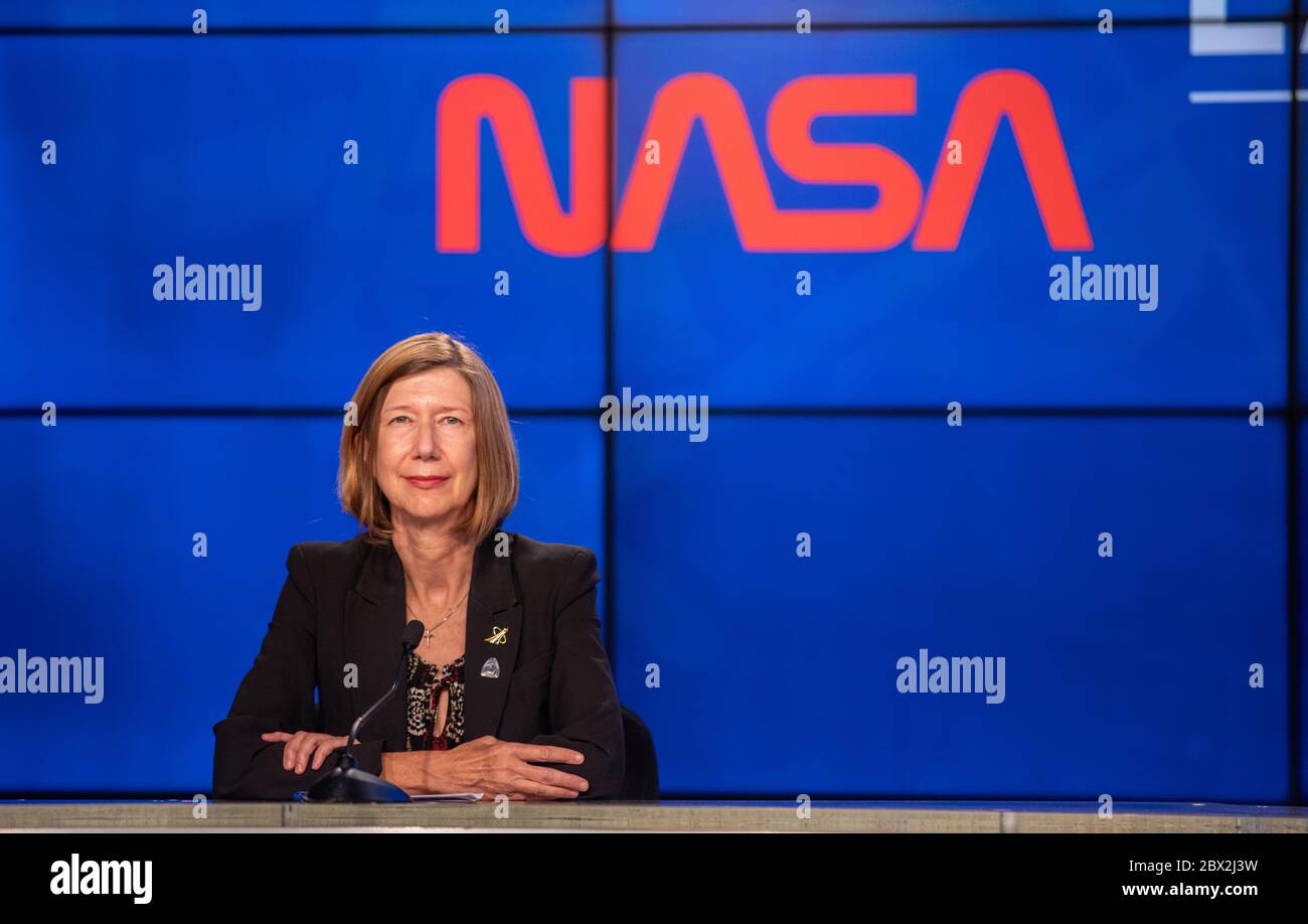 Kathy Lueders, manager of NASA Commercial Crew Program, participates in a postlaunch news conference inside the Press Site auditorium after the successful launch of the SpaceX Crew Dragon spacecraft to the International Space Station at the Kennedy Space Center May 30, 2020 Cape Canaveral, in Florida. The spacecraft successfully carried astronauts Douglas Hurley and Robert Behnken safely to the International Space Station. Stock Photo