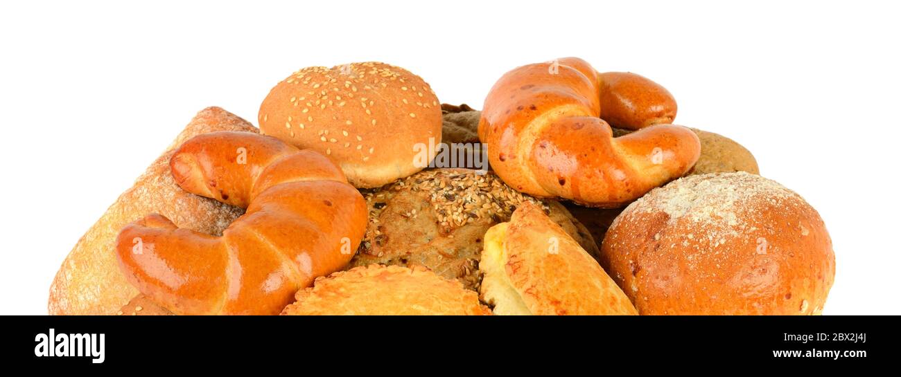 Bread and bakery products isolated on white background . Wide photo ...