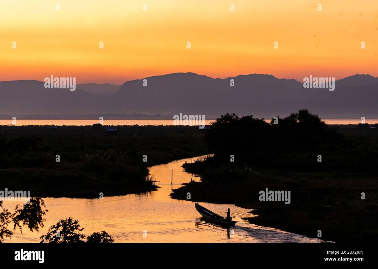 Sunset at Lake Inle,  Myanmar Stock Photo