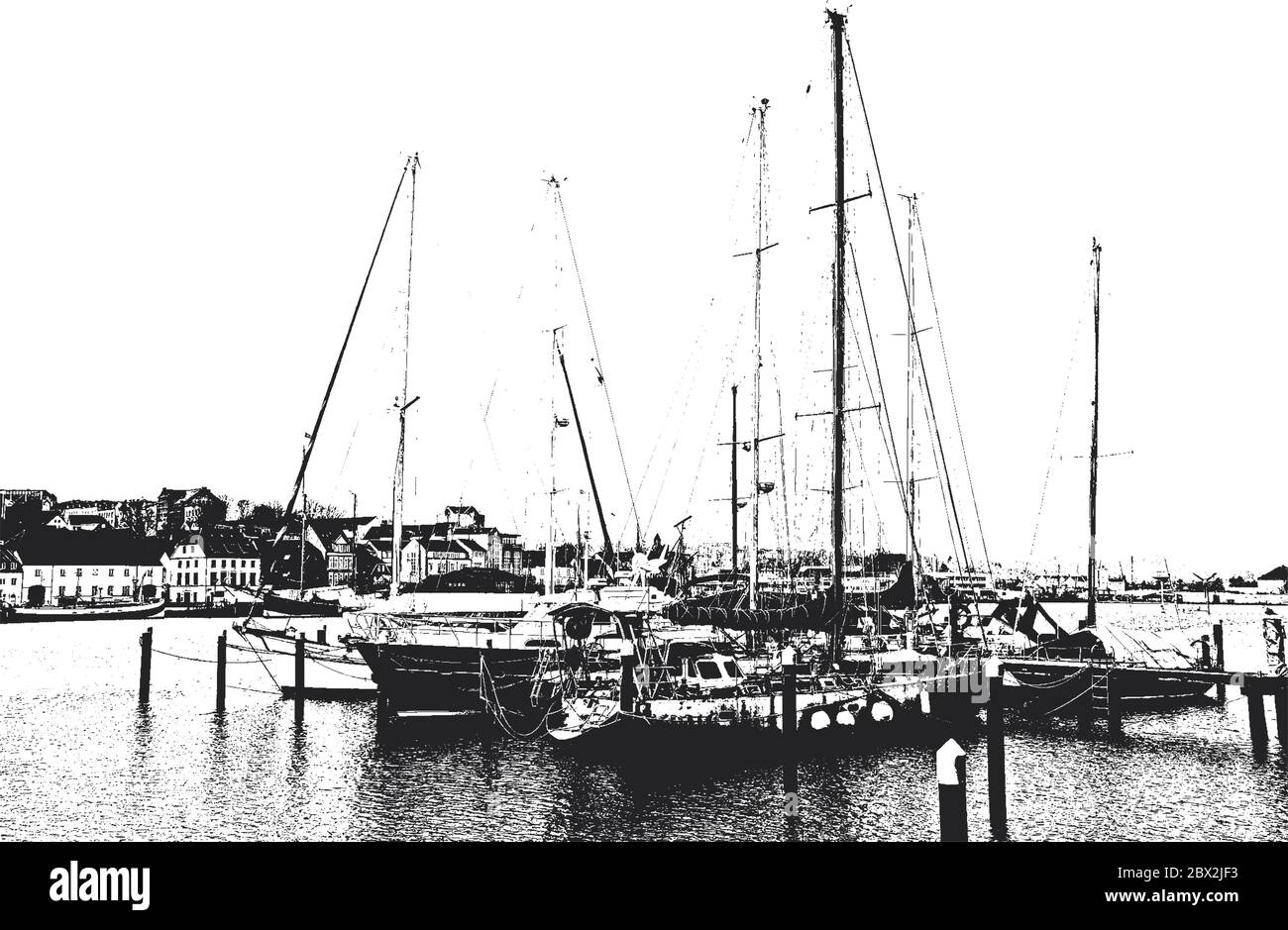 Berth for yachts and boats in the seaport. The ocean yachts is securely moored at the pier of the passenger terminal of the port. Vintage hand drawn v Stock Vector