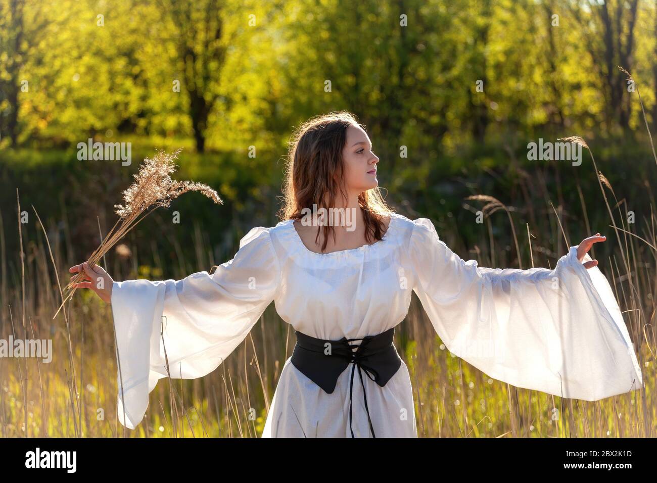 nature. Fantasy girl in long dress 