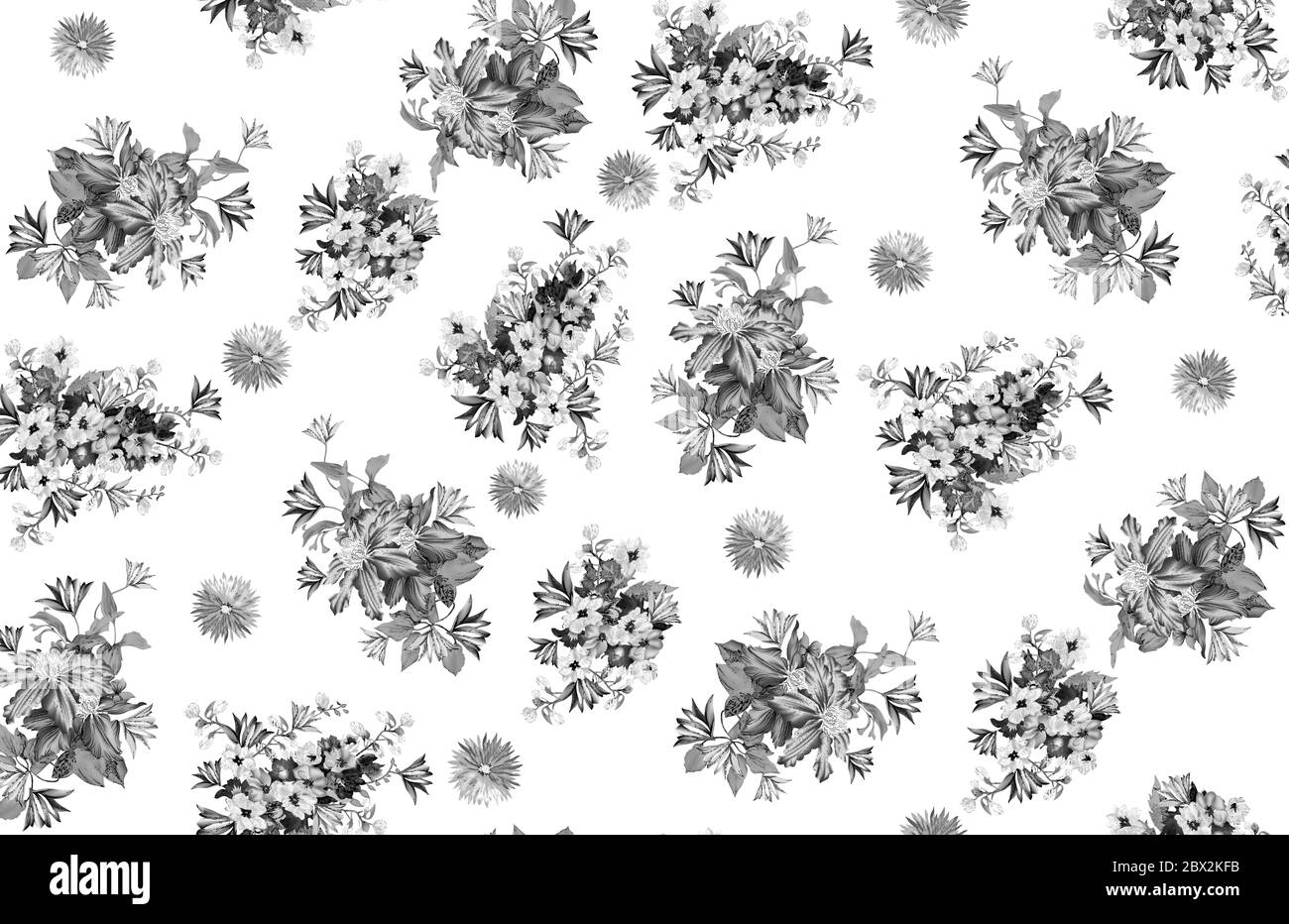 Floral seamless pattern with different flowers and leaves. Black and ...