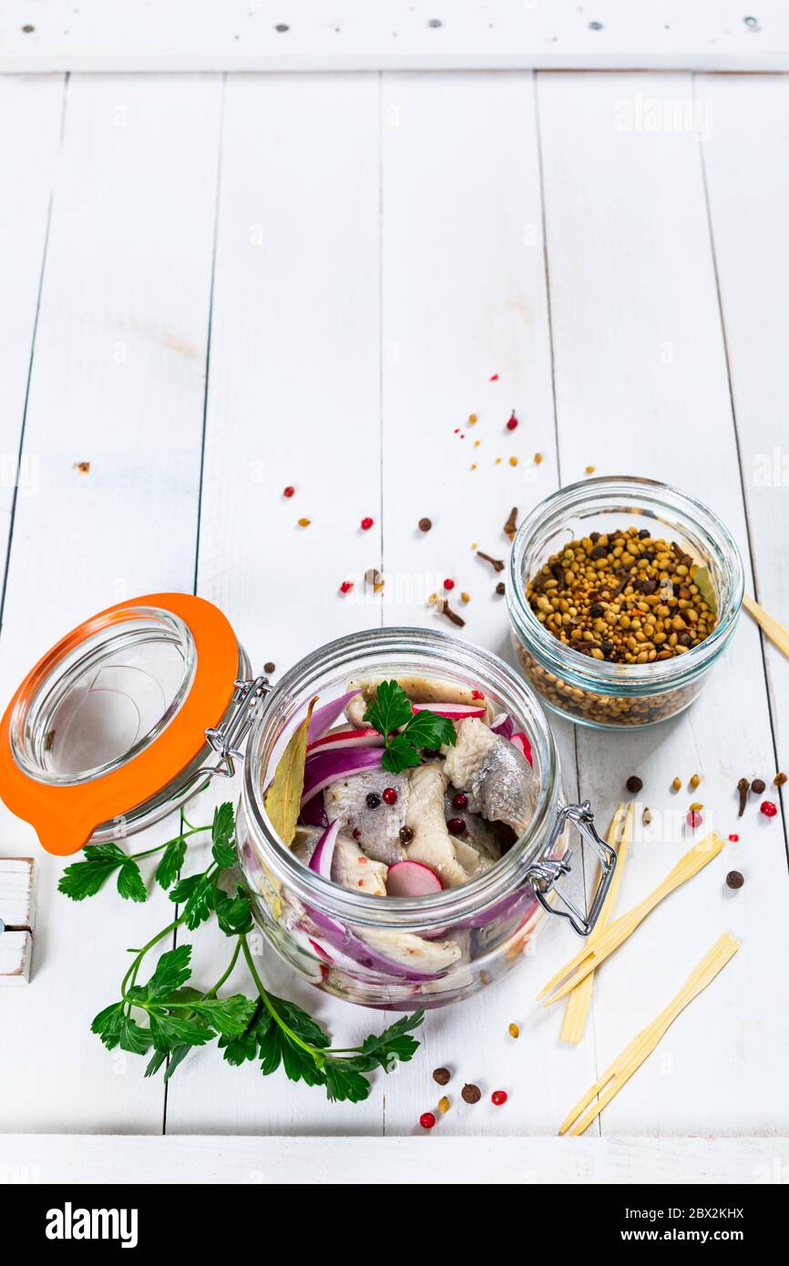 Pickled Marinated Herring Fish. Macro. Selective focus. Stock Photo