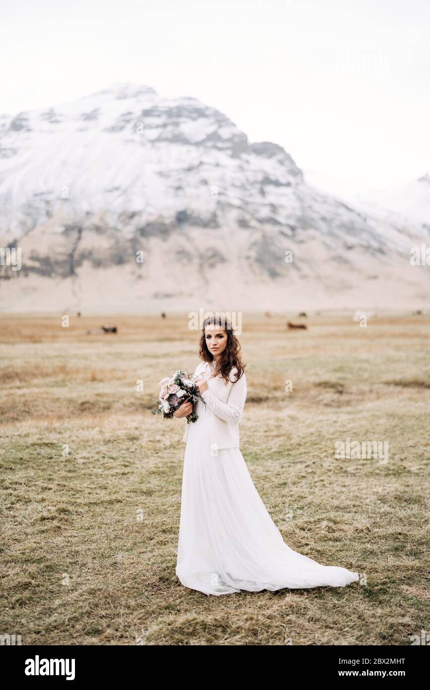 Portrait of a bride in a white wedding dress, with a bride's bouquet in her hands. In a field of dry yellow grass, amid a snowy mountain and grazing Stock Photo