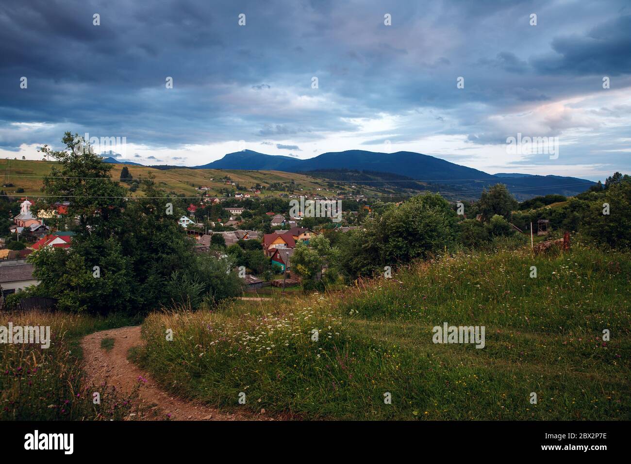 Views of the Carpathians - this is a beautiful country in the mountains of the Carpathians after sunset. Carpathians are located in Ukraine. In the Stock Photo