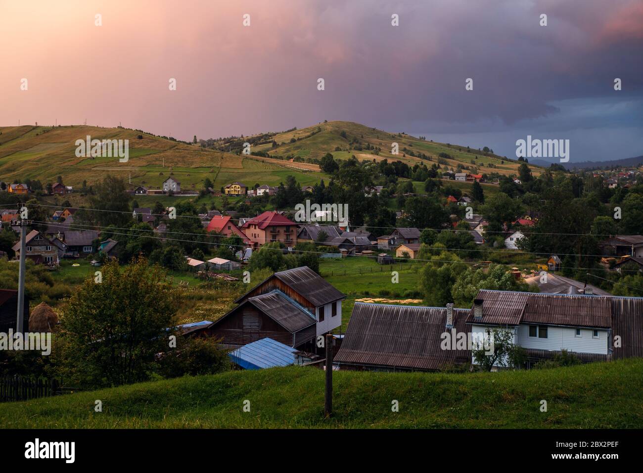 Views of the Carpathians - this is a beautiful country in the mountains of the Carpathians after sunset. Carpathians are located in Ukraine. In the Ca Stock Photo