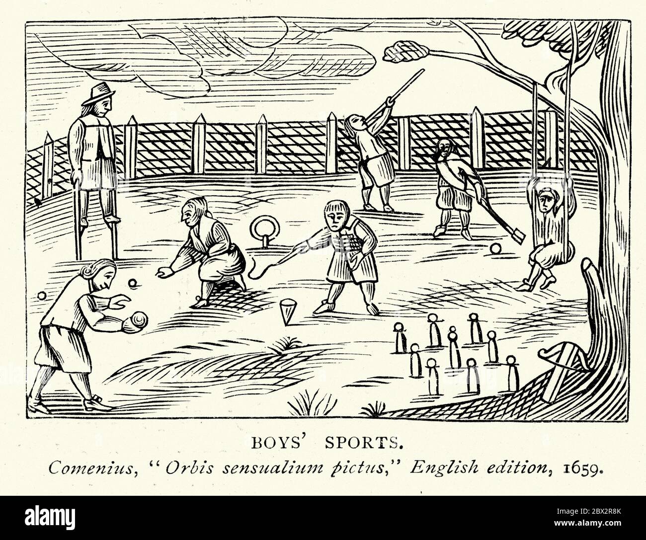 Sports of boys 17th century, Walking on stilts, Bowls, Skittles, Swing Stock Photo