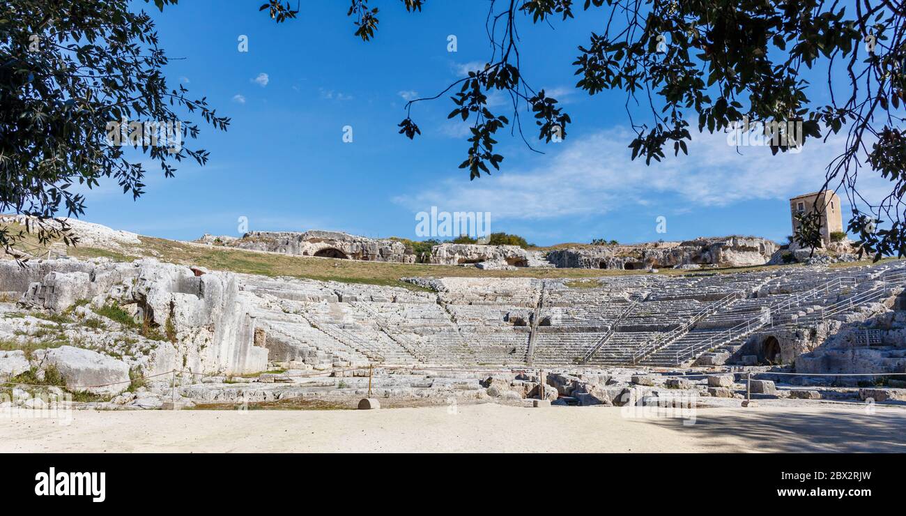 Italy, Sicily, Syracuse, The Neapolis archeological Park listed as World Heritage by UNESCO, the Greek theatre Stock Photo