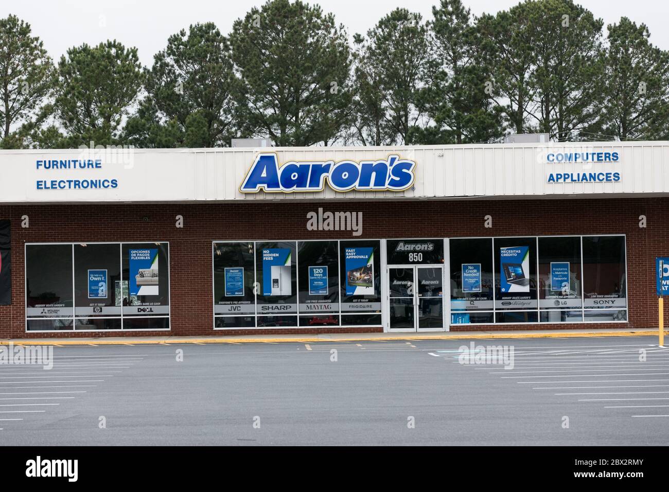 A logo sign outside of a Aaron's rent to own store location in Seaford, Delaware on May 25, 2020. Stock Photo