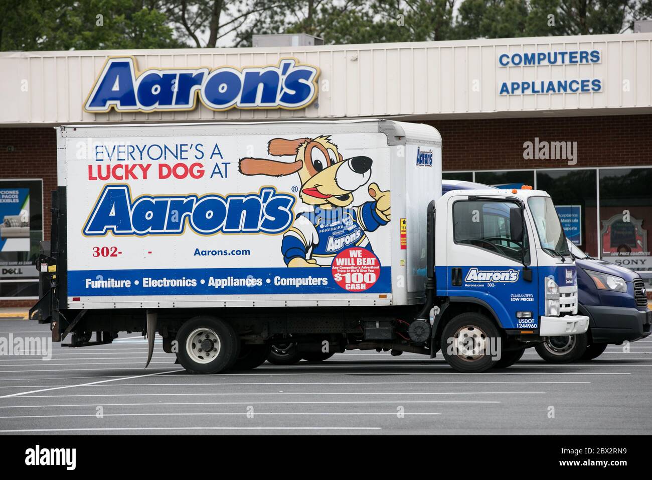A logo sign outside of a Aaron's rent to own store location in Seaford, Delaware on May 25, 2020