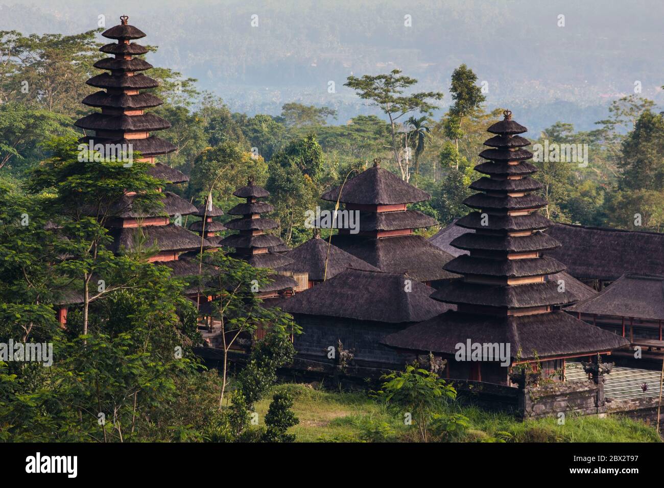 Indonesia, Bali, East, Pura Besakih Temple, elevated view on stacked roofs, called meru Stock Photo