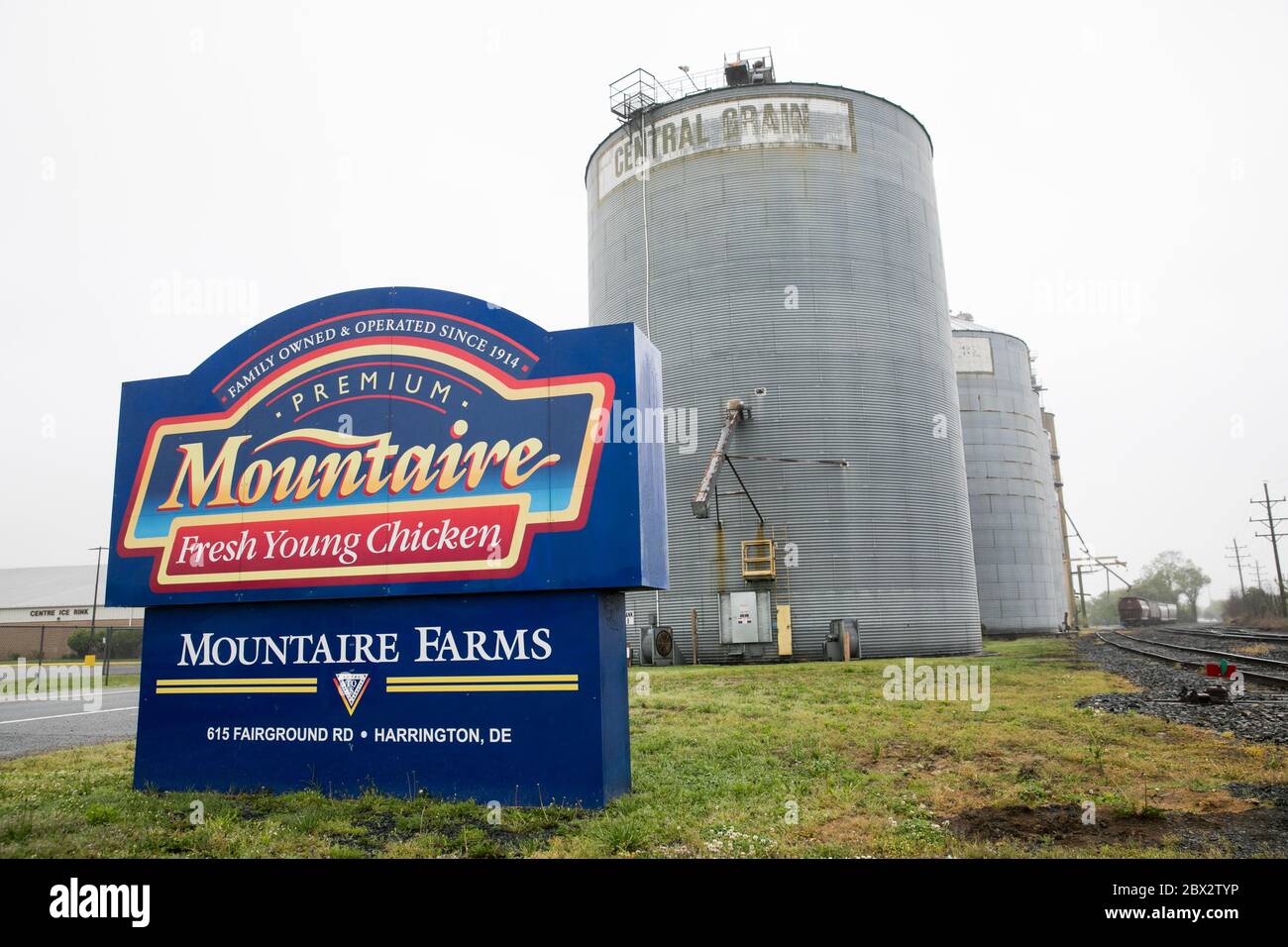 A logo sign outside of a facility occupied by Mountaire Farms in Harrington, Delaware on May 25, 2020. Stock Photo
