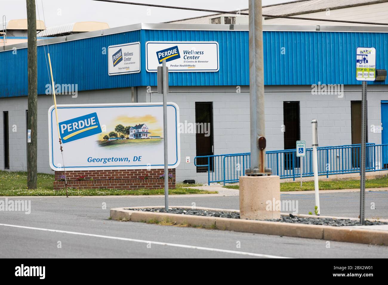 A logo sign outside of a Perdue Farms poultry processing plant in Georgetown, Delaware on May 25, 2020. Stock Photo