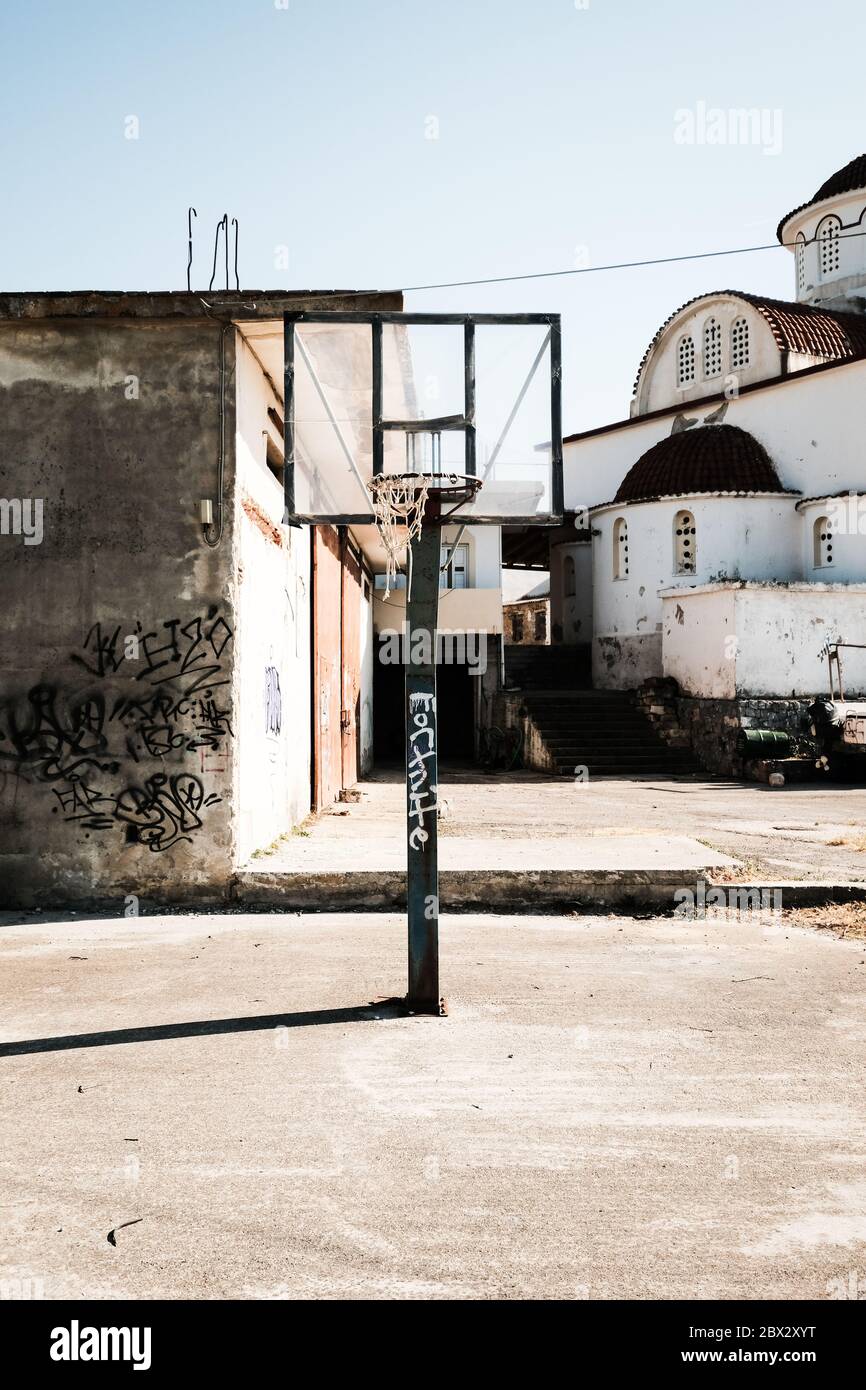 Outdoor Basketball Net in Crete, Greece Stock Photo
