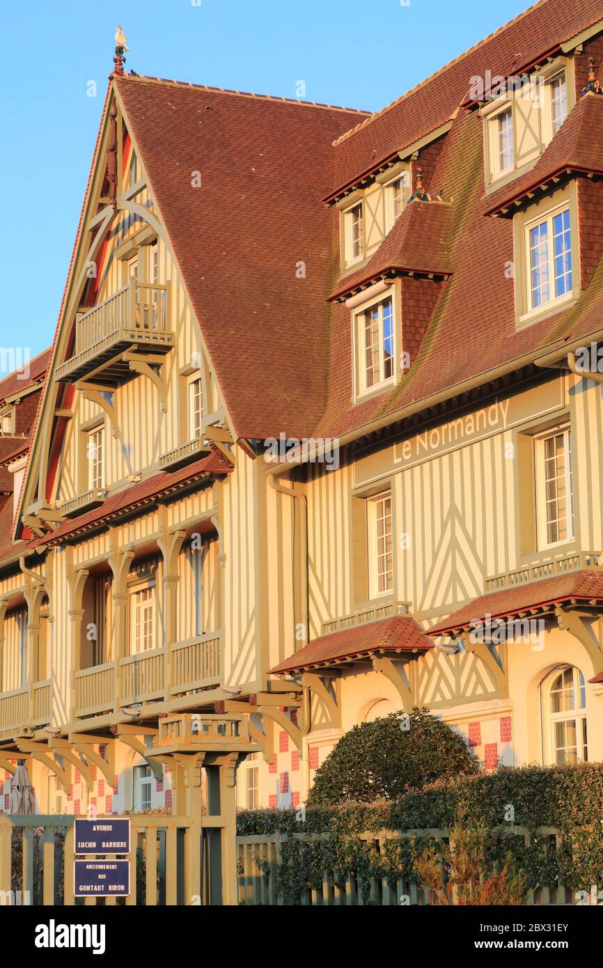 France, Calvados, Cote Fleurie, Pays d'Auge, Deauville, Normandy Barrière luxury hotel, half timbered Anglo Norman manor cottage style designed in 1912 by the architect Théo Petit Stock Photo