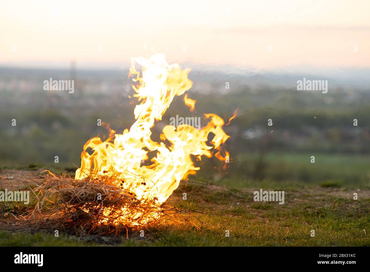 Big bright bonfire bugning at field in evening Stock Photo - Alamy