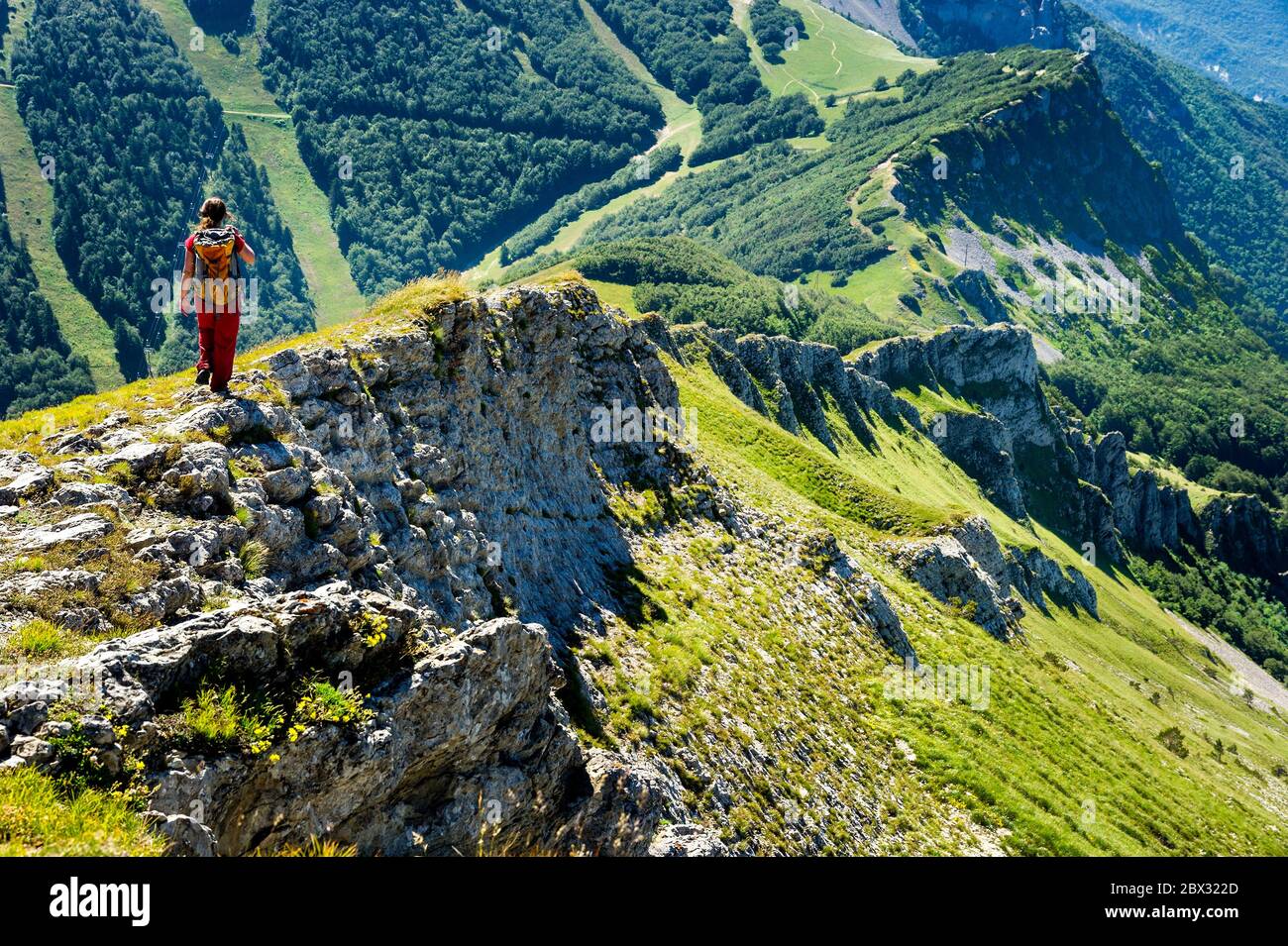 France, Drôme (26), Vercors Regional Nature Park, Rousset-en-Vercors, Montagne de Nève, Hiker descending on the southern ridge towards the Col de Rousset (1249m) from the But de Nève (1656m) Stock Photo
