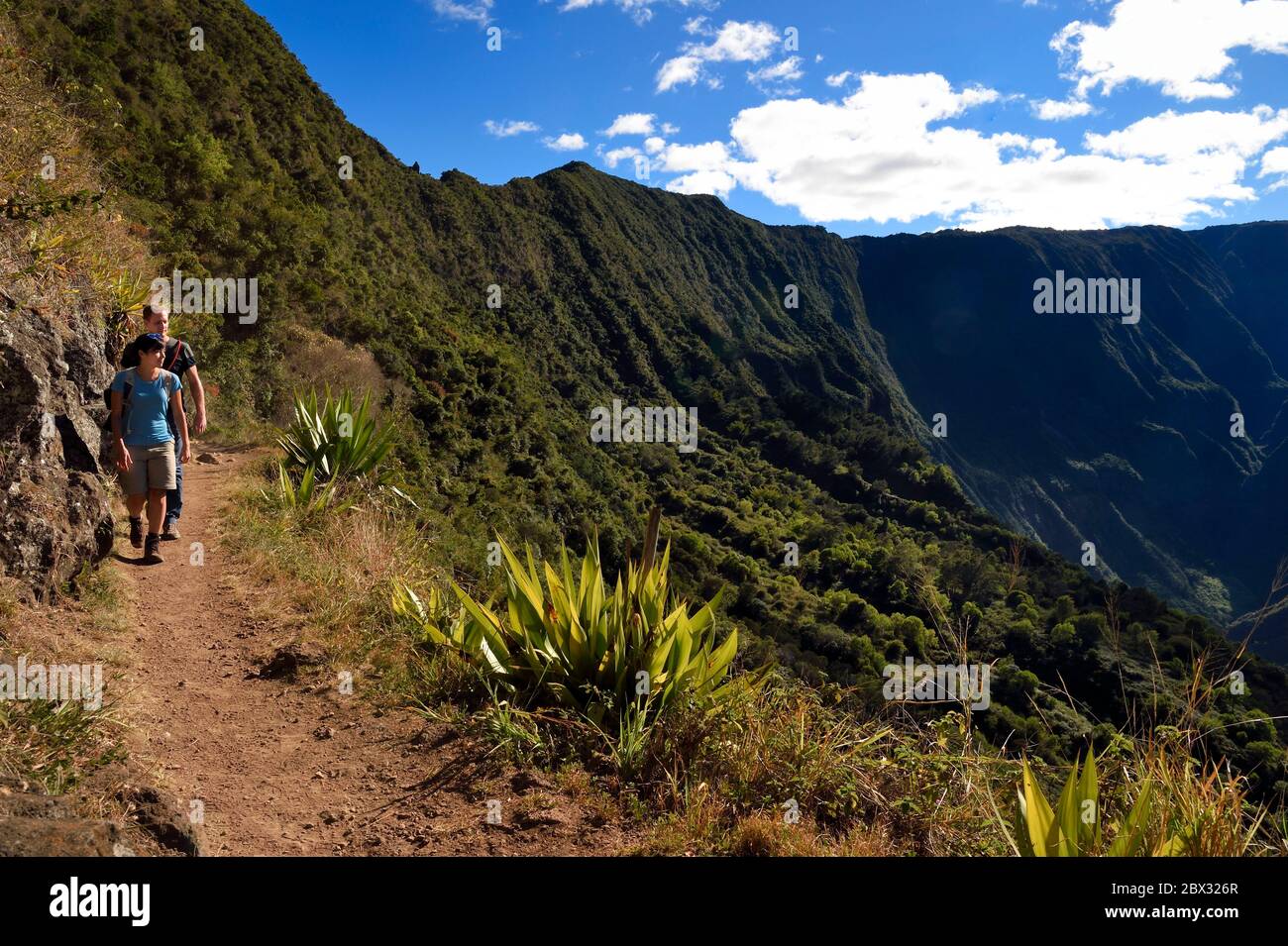 France, Reunion island (French overseas department), Reunion National Park listed as World heritage by UNESCO, La Possession, around village of Dos d'Ane, Roche Bouteille hike, hikers on the Cap Noir trail and the Cirque de Mafate on the right Stock Photo