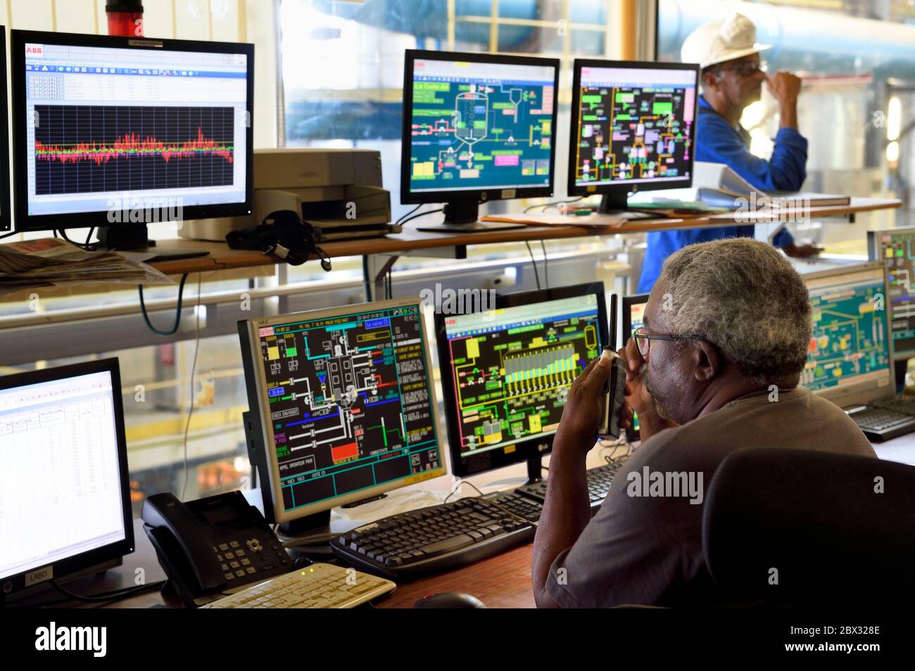 France, Reunion island (French overseas department), Saint-Louis, Le Gol sugar factory using sugar cane, the control room for the entire manufacturing process Stock Photo