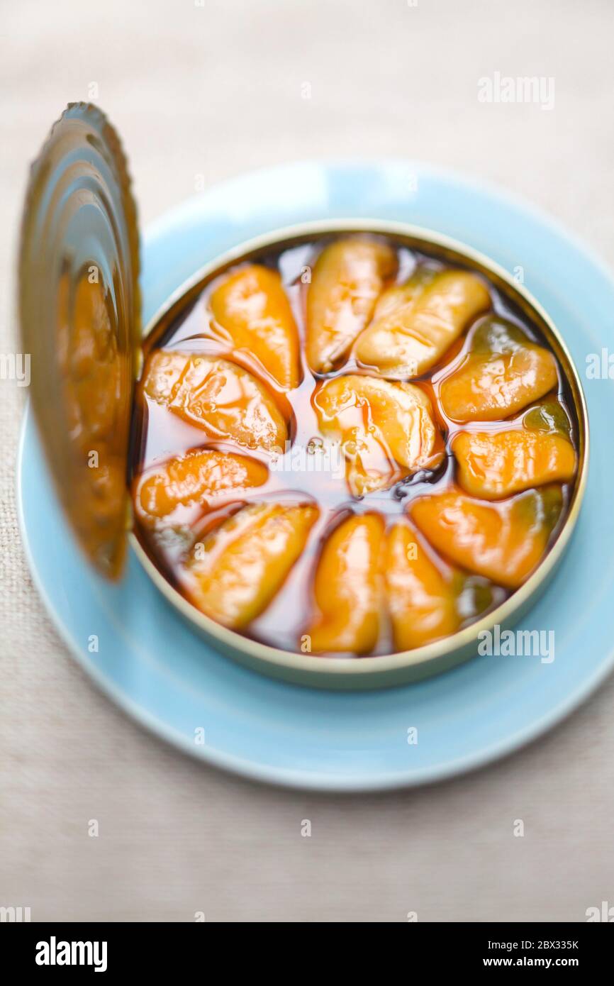 Spain, Galicia, canned Ramon Pena, mussels with escabeche Stock Photo