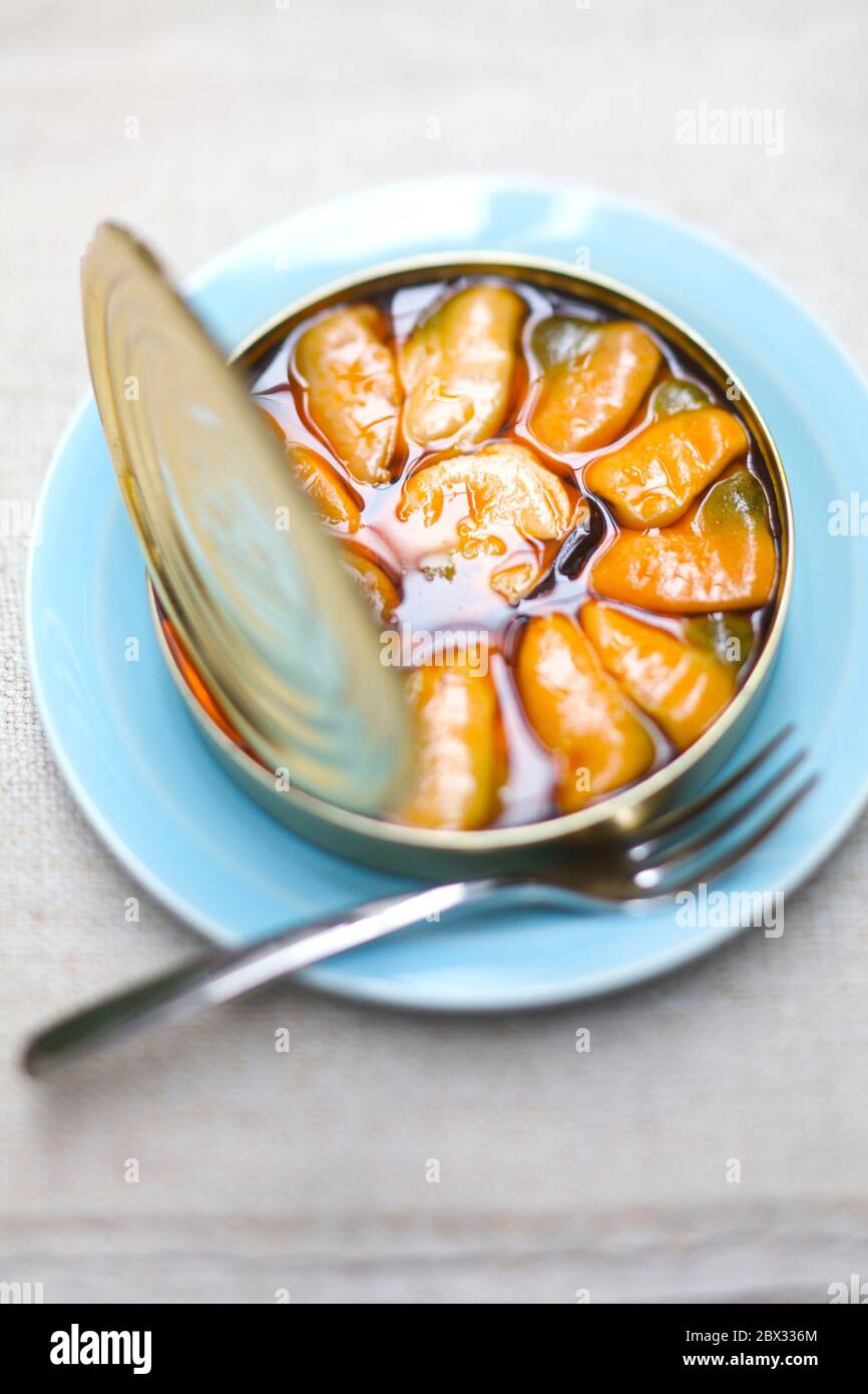 Spain, Galicia, canned Ramon Pena, mussels with escabeche Stock Photo