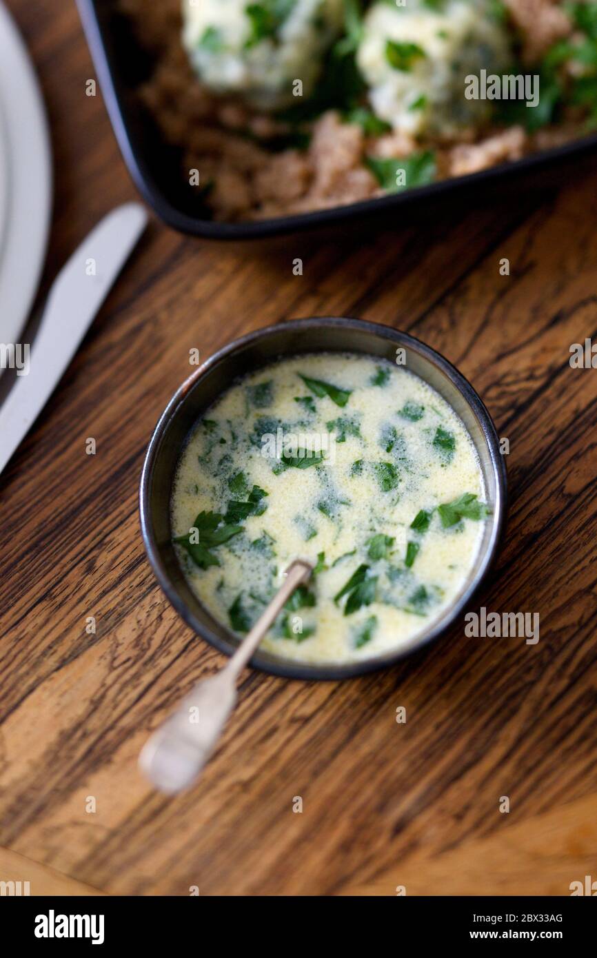 Dinner with girlfriend sauce for fish ball with herbs Stock Photo