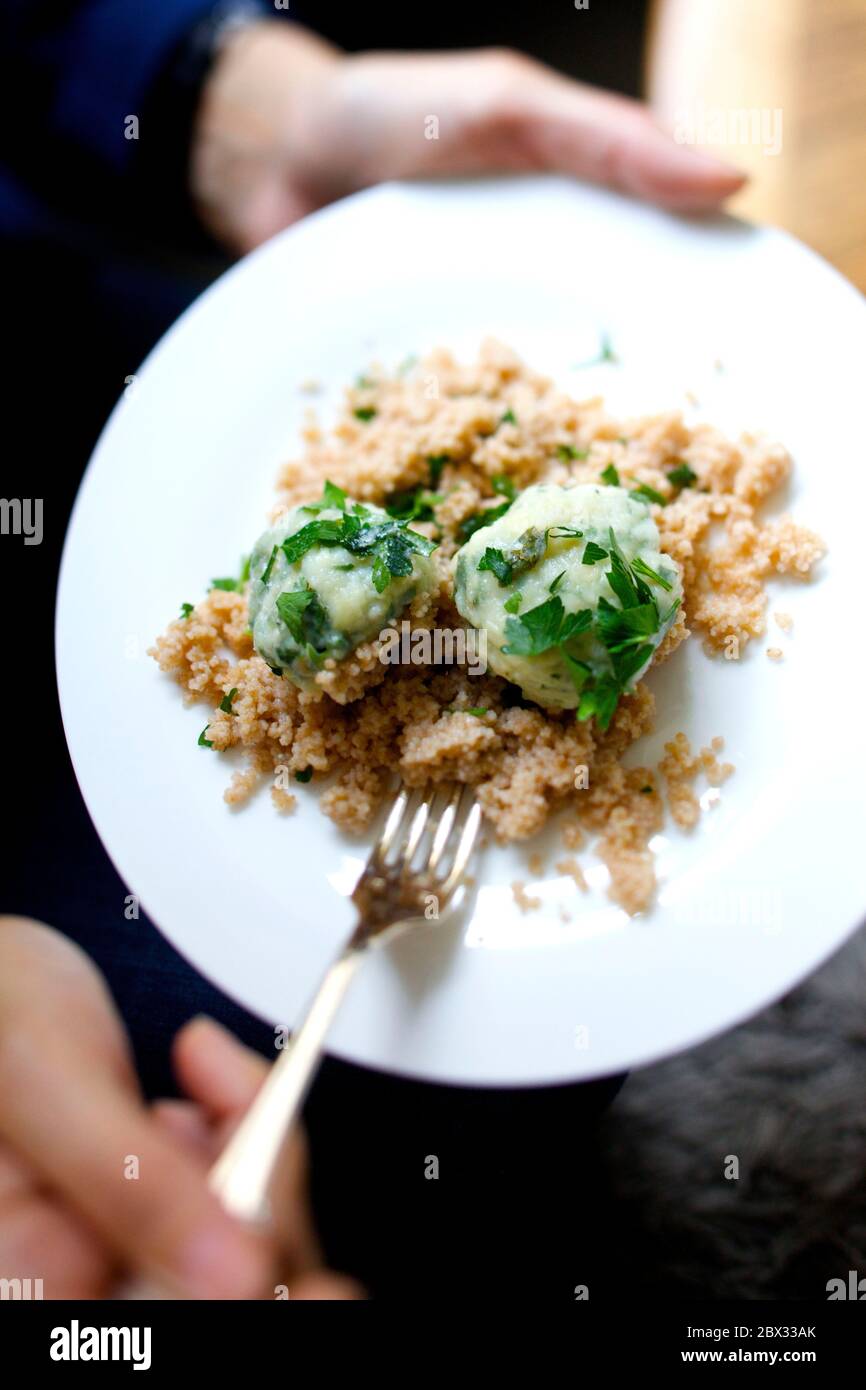 Dinner with girlfriend fish ball with herbs Stock Photo