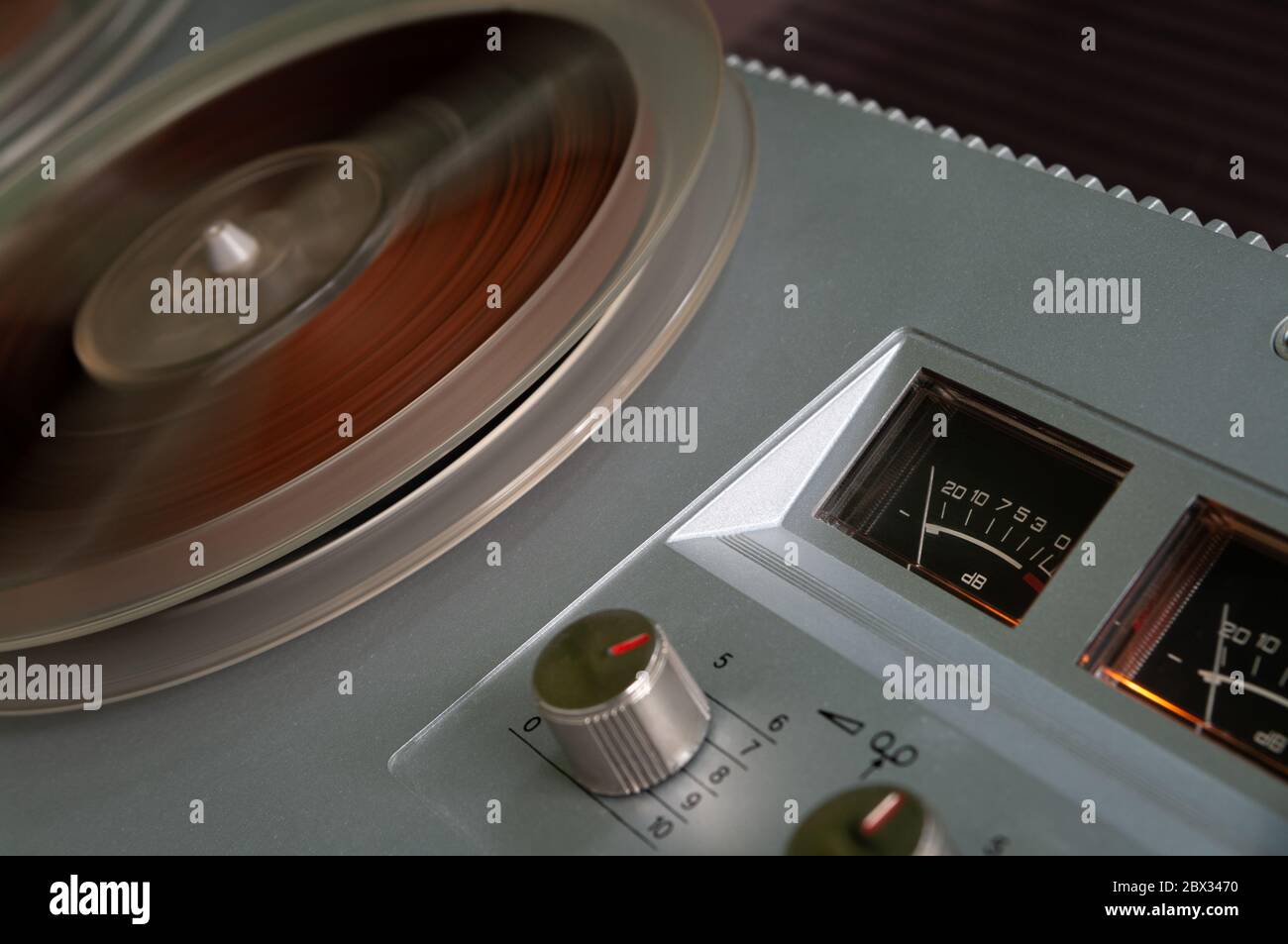 Old vintage reeltoreel player. Tape recorder with spools. Bobbin tape