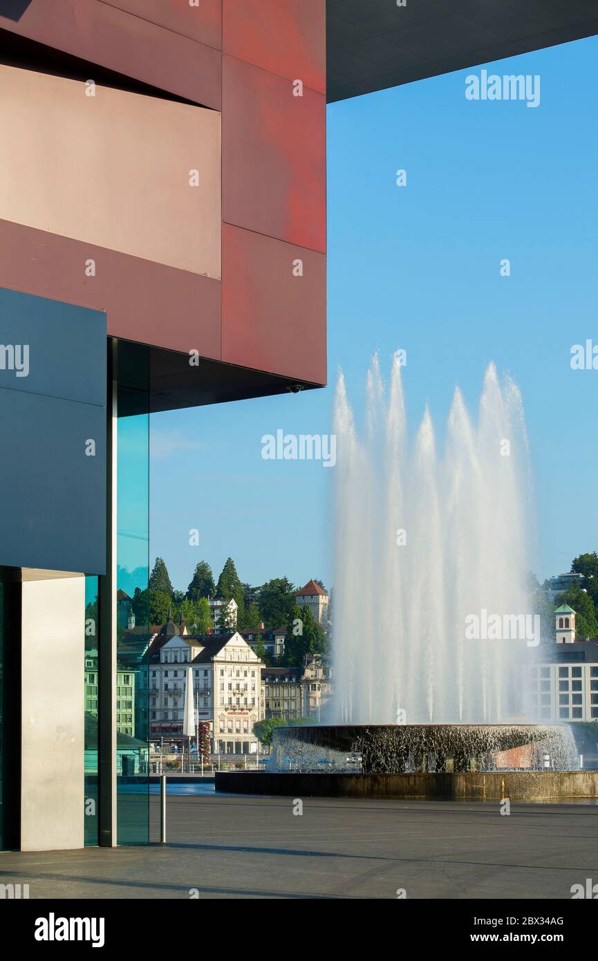 Switzerland, Lucerne, the fountain on the esplanade of the cultural