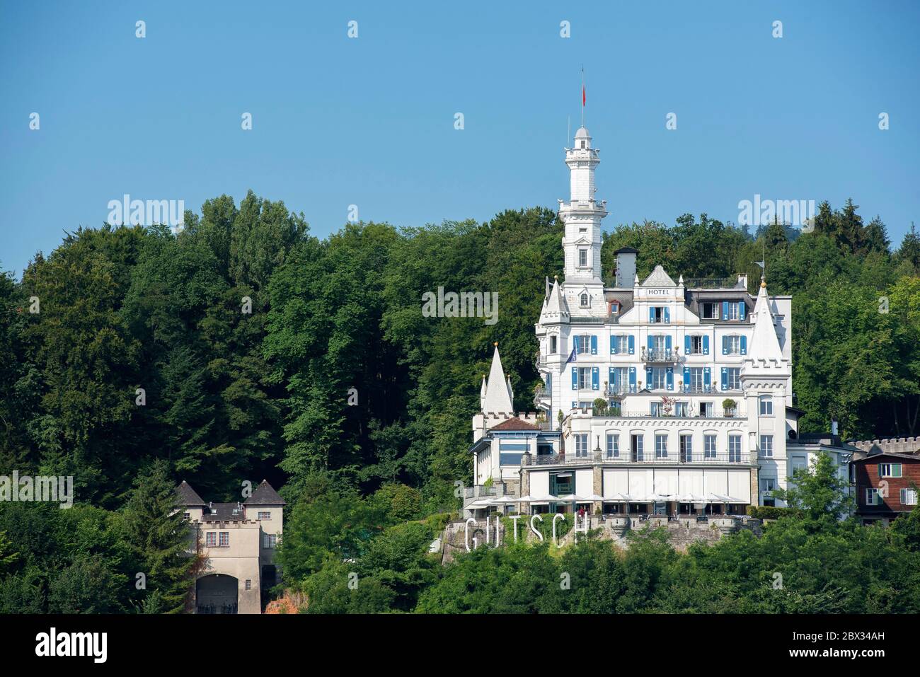 Switzerland, Lucerne, the chateau hotel Gutsch dominates the city Stock Photo