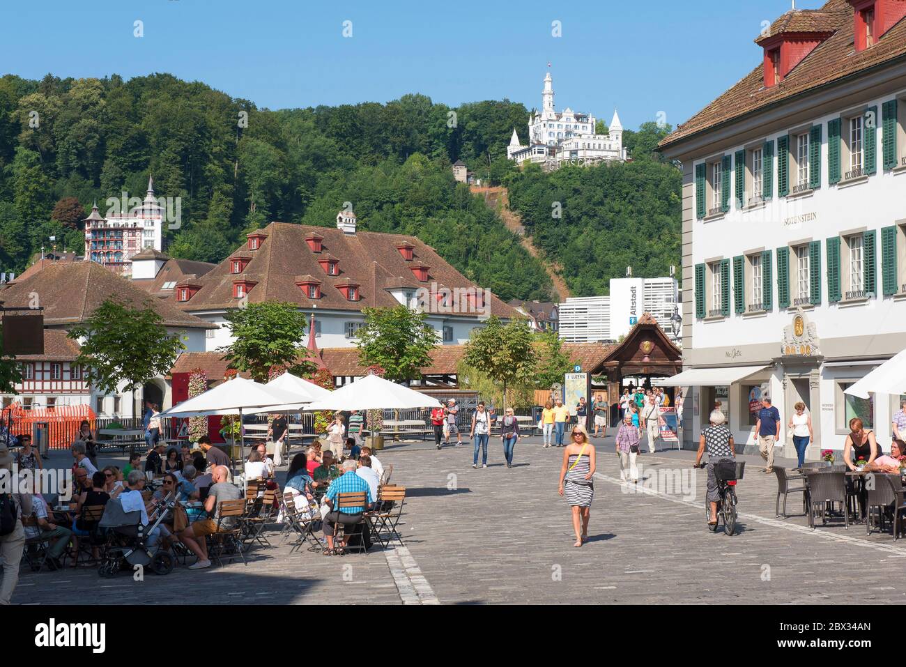 Switzerland, Lucerne, west of the old town, terrace on Muhlen platz and the hotel Gutsch on the hill Stock Photo
