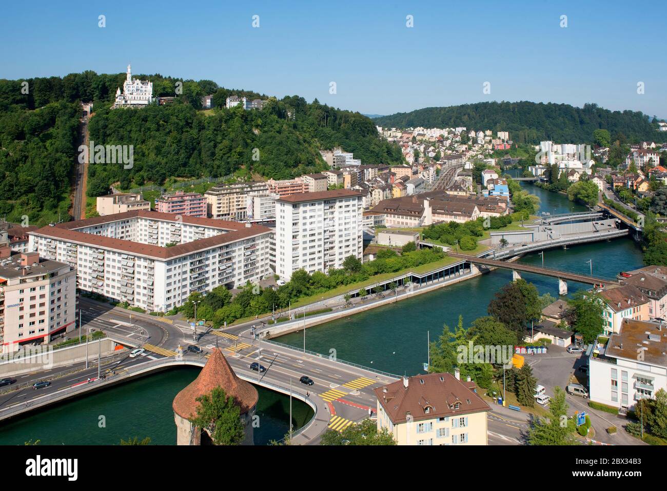 Switzerland, Lucerne, the chateau hotel Gutsch overlooks the Reuss river and the new town Stock Photo