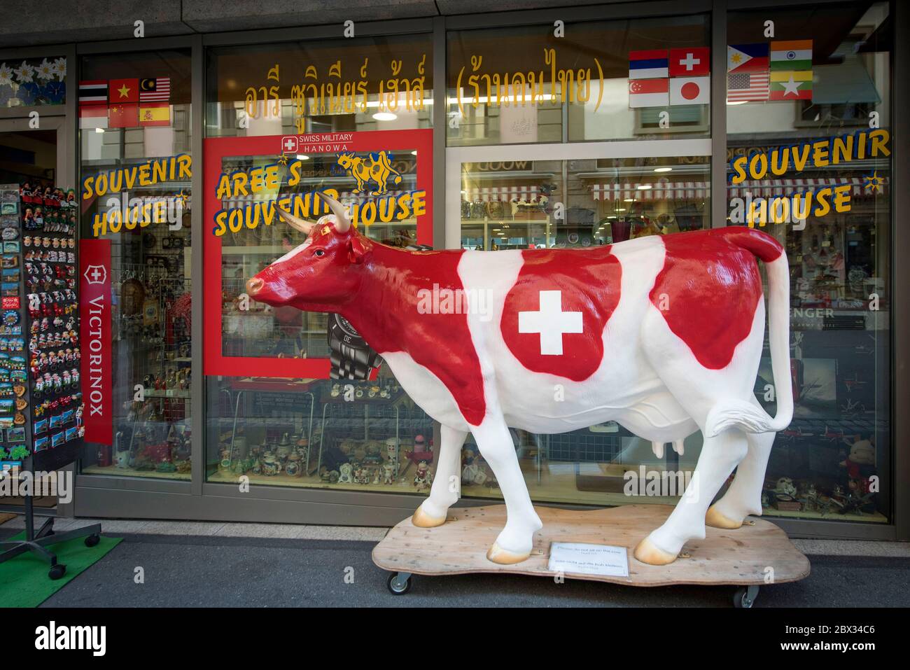 Switzerland, Lucerne, very Swiss souvenir shop and cow with Swiss cross