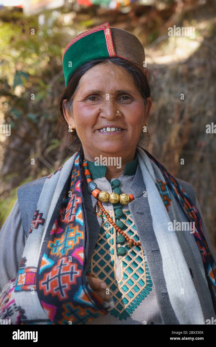 Portrait of Kinnouri woman from Himachal Pradesh on pilgrimage to Takshang, TIger’s Nest in Bhutan Stock Photo