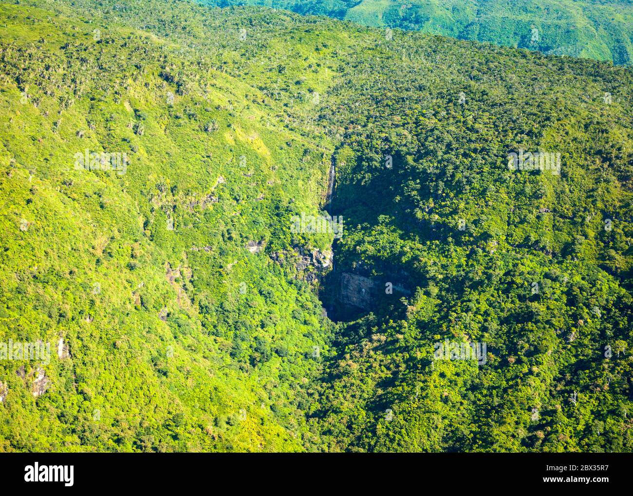 Aerial view of waterfall  in Black River Gorge National Park, Mauritius island Stock Photo