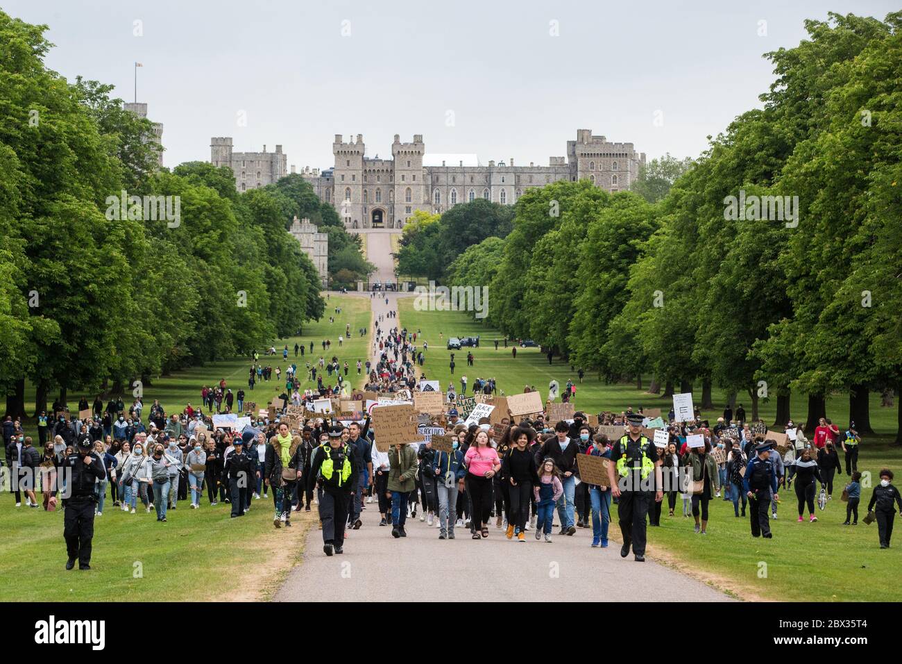 Windsor, UK. 4 June, 2020.  Hundreds of young people take part in a peaceful protest march along the Long Walk in front of Windsor Castle in solidarity with the Black Lives Matter movement. The march was organised at short notice by Jessica Christie at the request of her daughter Yani, aged 12, following the death of George Floyd while in the custody of police officers in Minneapolis in the United States. Credit: Mark Kerrison/Alamy Live News Stock Photo