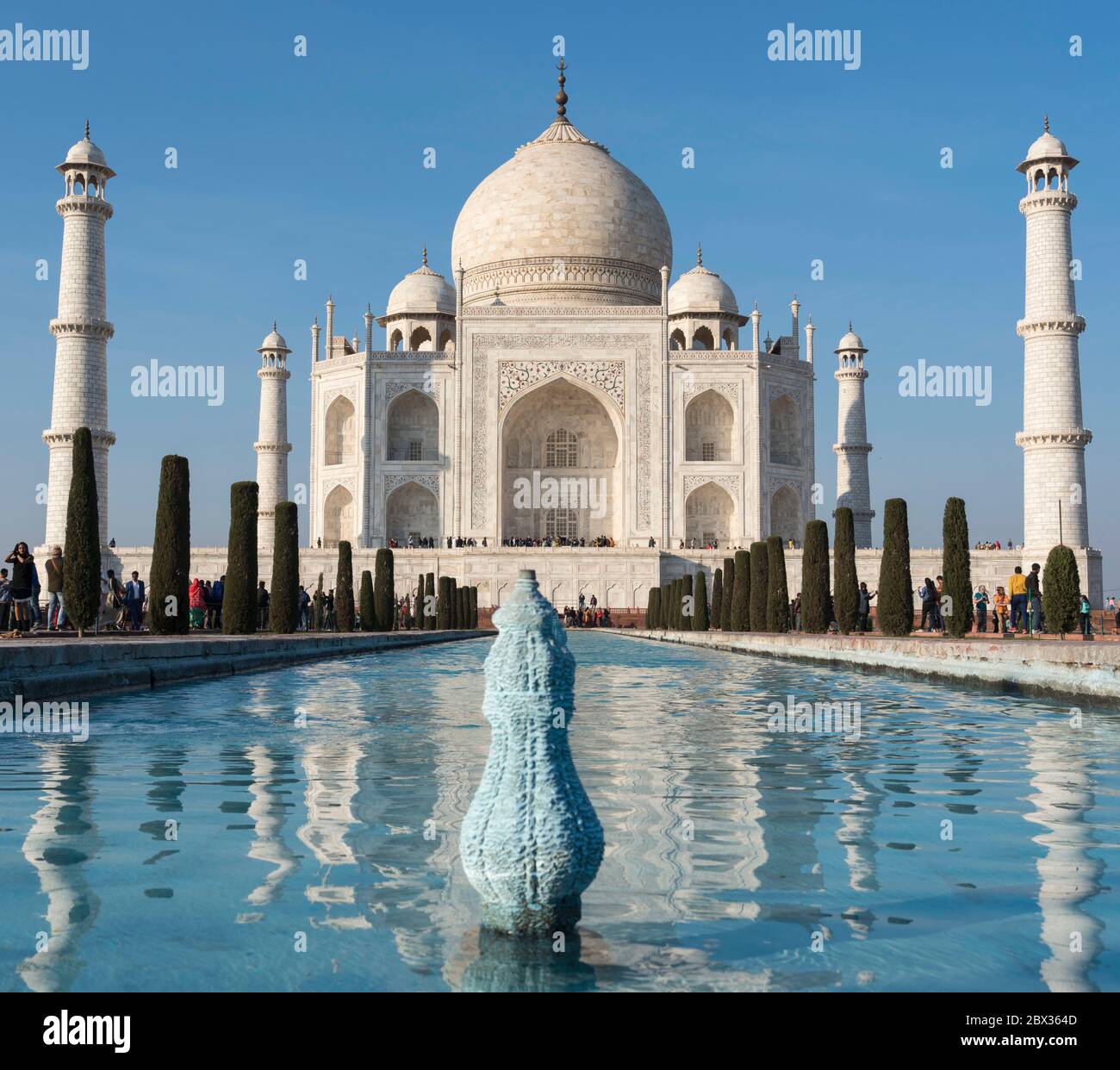 Low angle view of reflecting pool and Taj Mahal in Agra, India Stock Photo