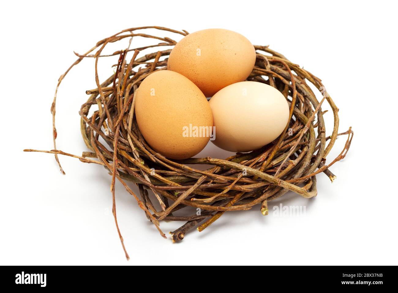 three chicken eggs in nest on white background, easter concept Stock Photo